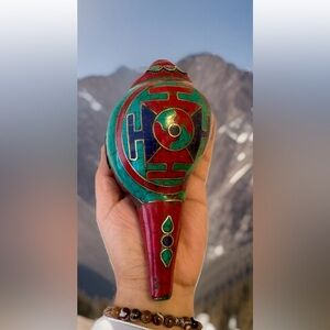 Vintage Tibetan Handmade Mandala Art Conch Blow Horn,Trumpet,Inlay Stones,8”inch